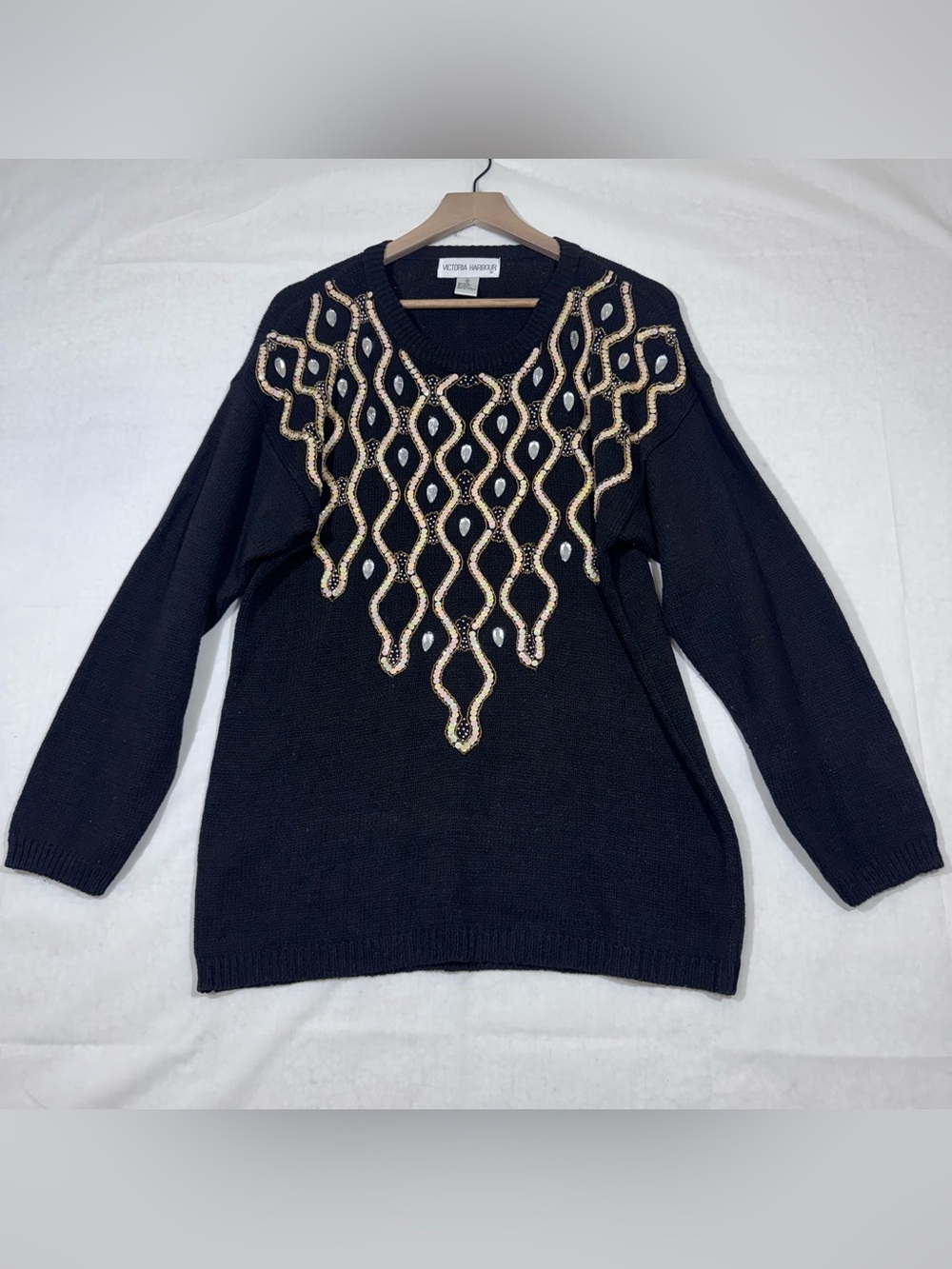 Vintage Victoria Harbour Black Gold Sequined Oversized Sweater Womens Medium 90s
